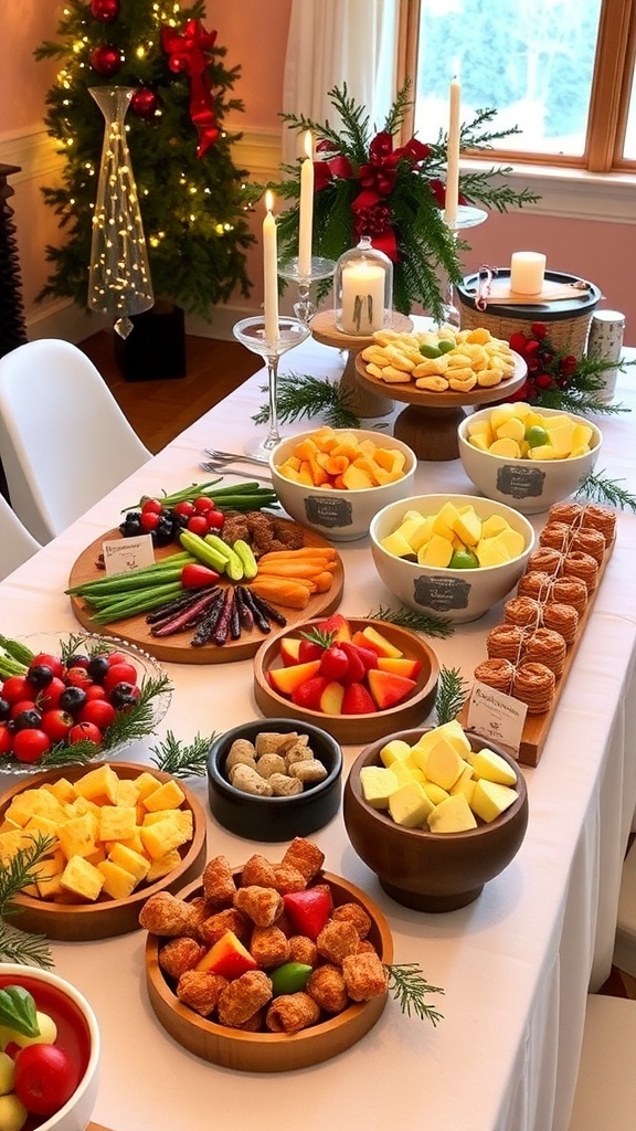 A festive buffet table with appetizers, cheese platter, and Christmas-themed desserts for an engagement party.